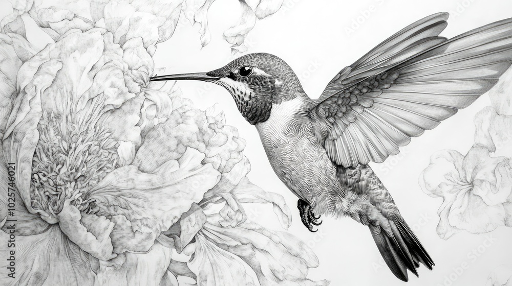 Fototapeta premium A close-up of a hummingbird in mid-flight, sipping nectar from a flower.