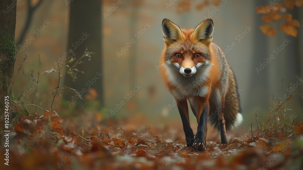 An enchanting photograph of a red fox stealthily moving through a misty forest, its reddish fur standing out vividly against the green and brown hues of the undergrowth. The fox’s keen eyes and An enchanting photograph of a red fox stealthily moving through a misty forest, its reddish fur standing out vividly against the green and brown hues of the undergrowth. The fox’s keen eyes and