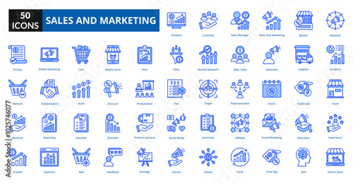 Sales And Marketing Blue icon collection set. includes business, marketing, strategy, management, customer, analysis, sales, growth, concept, technology
