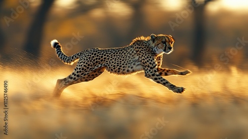 A dynamic image of a cheetah sprinting across the African plains with remarkable speed. The cheetah's sleek body and powerful legs are captured in mid-stride, as the blurred background of grasses and photo