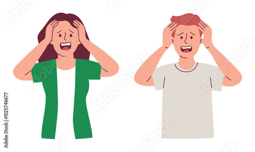 Panic People Scream Out Feels Stress, Woman and Man Panic