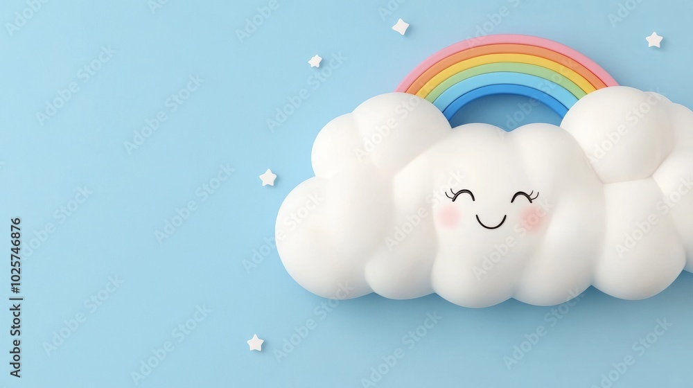 Smiling cloud with rainbow on blue background. Smiling cloud with rainbow on blue background.