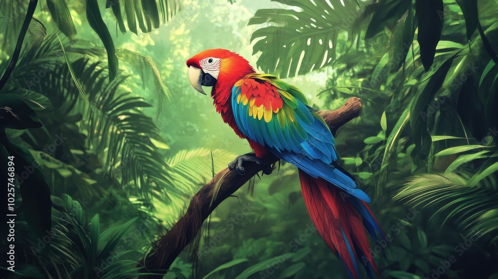 A colorful parrot perched on a branch in a tropical rainforest, surrounded by lush greenery. A colorful parrot perched on a branch in a tropical rainforest, surrounded by lush greenery.