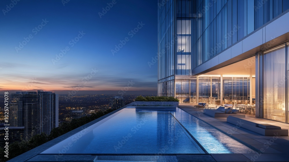 An infinity pool on the rooftop of a luxury skyscraper at twilight. An infinity pool on the rooftop of a luxury skyscraper at twilight.