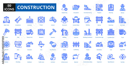 Construction blue icon collection set. Includes manufacturing, plan, production, structure, construct, tower, build, industry
