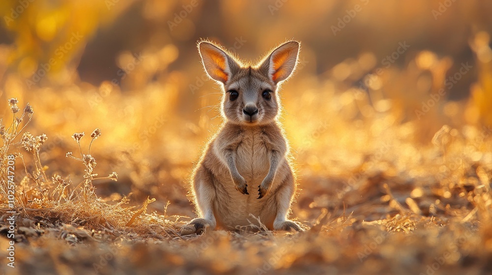 Fototapeta premium A charming image of a baby kangaroo peeking out from its mother pouch in the Australian outback. The mother strong presence and the baby’s curious gaze are highlighted against the backdrop of the