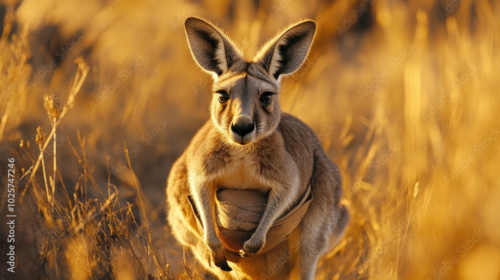 Fototapeta premium A charming image of a baby kangaroo peeking out from its mother pouch in the Australian outback. The mother strong presence and the babyâ€™s curious gaze are highlighted against the backdrop of the