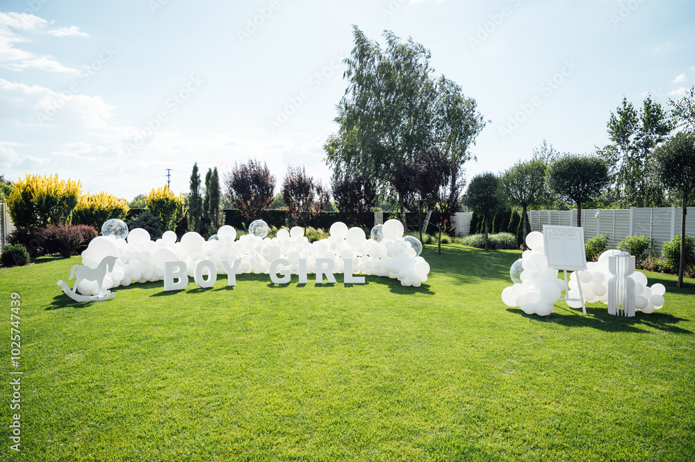 Φωτογραφία Large-scale photo zone made of white balloons and large letters at a gender party