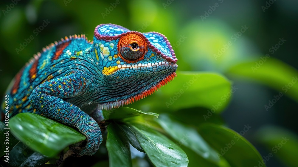 Obraz premium A striking photograph of a vibrant chameleon perched on a branch, its colorful skin changing hues to blend with the surrounding foliage. The chameleonâ€™s unique texture and vivid colors stand out