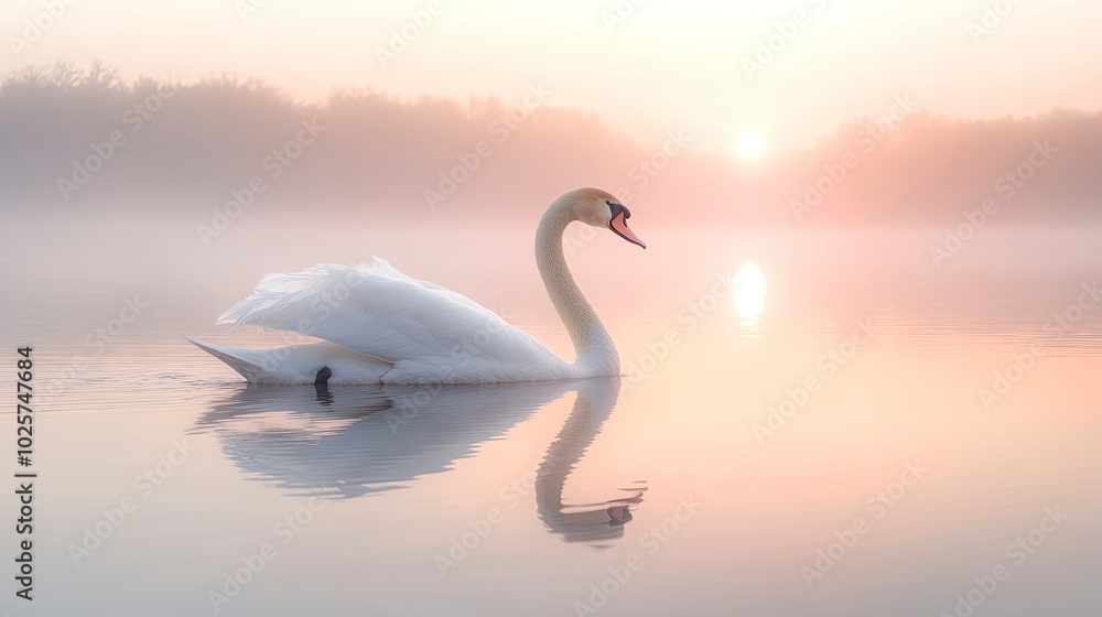 Fototapeta premium A captivating image of a graceful swan gliding across a calm, mirror-like lake at sunrise. The swanâ€™s elegant neck and pure white feathers are reflected in the still water, with the soft morning