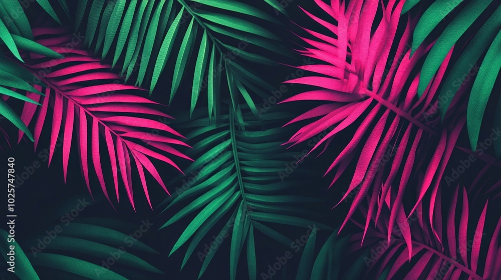 Close-up vibrant pink and green palm leaves against a dark background. Close-up vibrant pink and green palm leaves against a dark background.