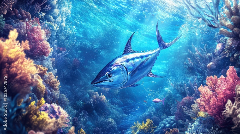 A fast-moving tuna fish swimming through the deep ocean, surrounded by other sea life. A fast-moving tuna fish swimming through the deep ocean, surrounded by other sea life.