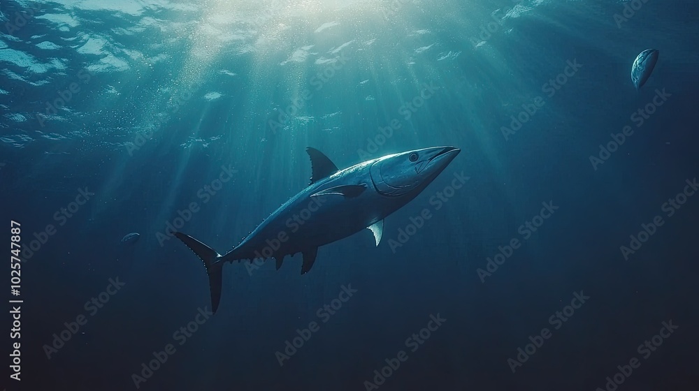 Fototapeta premium A fast-moving tuna fish swimming through the deep ocean, surrounded by other sea life.