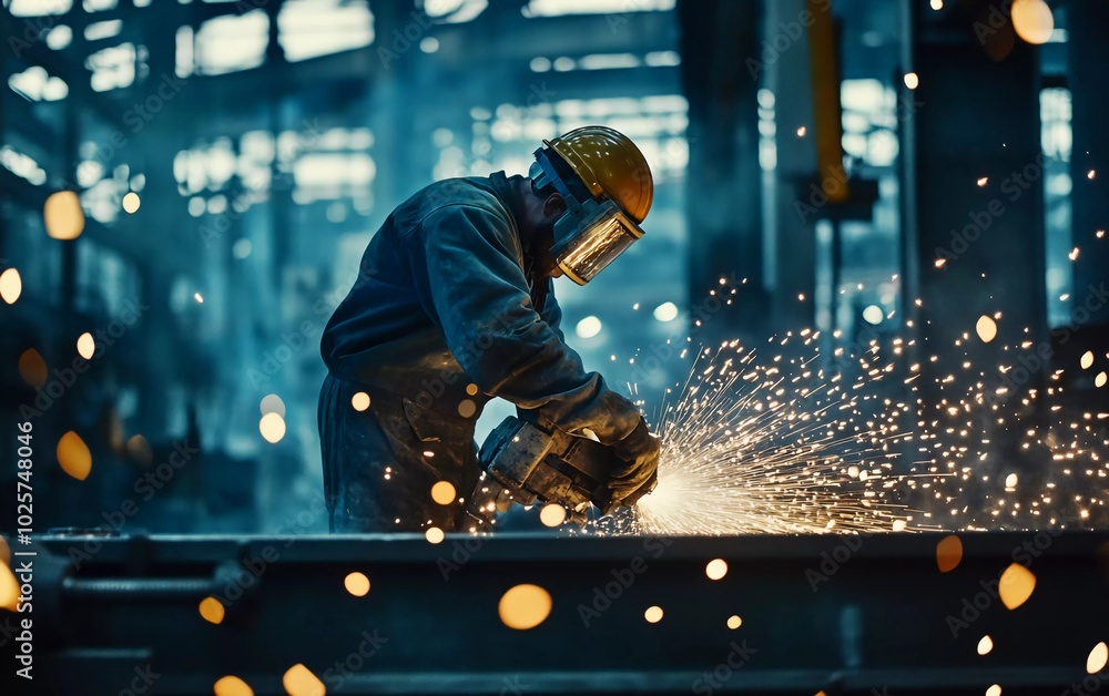 Photograph of an industrial worker in protective gear, working with an angle grinder on a steel beam at a construction site. Photograph of an industrial worker in protective gear, working with an angle grinder on a steel beam at a construction site.