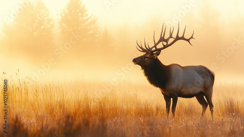 A serene photograph of a solitary elk standing in a misty meadow at dawn. The elkâ€™s impressive antlers and calm demeanor are illuminated by the soft, golden light of the early morning, creating a