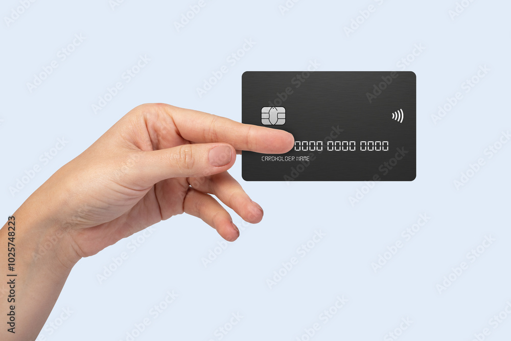 Hand showing credit card, or card, or business card or voucher, isolated on white background, template, mock-up Hand showing credit card, or card, or business card or voucher, isolated on white background, template, mock-up