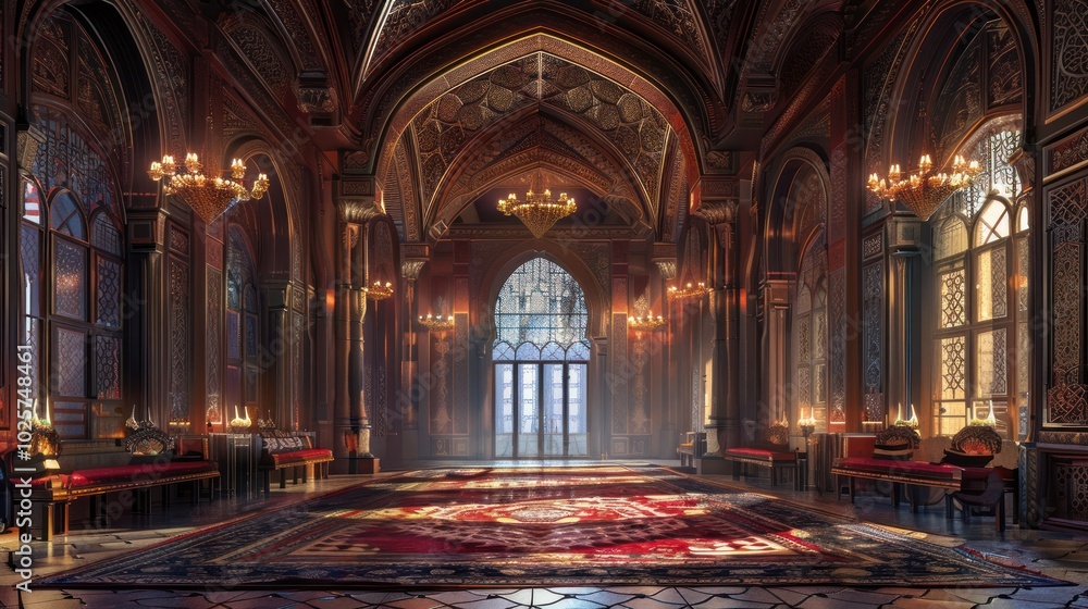 Obraz premium Ornate Hallway with Red Carpet and Ornate Windows and Benches