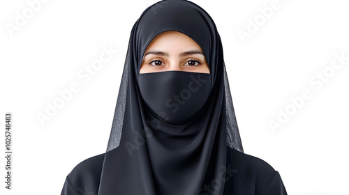 joyful Islamic woman in black hijab is smiling, radiating warmth and positivity. Her expression reflects confidence and grace, embodying cultural beauty and strength