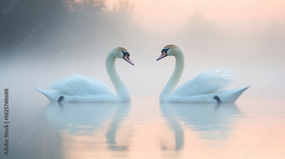 A serene photograph of a pair of swans gracefully gliding across a foggy lake at dawn. The swans’ elegant necks and soft, white feathers are reflected in the calm, misty water, creating a tranquil A serene photograph of a pair of swans gracefully gliding across a foggy lake at dawn. The swans’ elegant necks and soft, white feathers are reflected in the calm, misty water, creating a tranquil