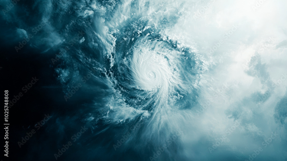 Dramatic aerial view of a swirling cyclone or hurricane storm cloud formation, dark and powerful atmospheric vortex isolated on a white and blue sky background. Dramatic aerial view of a swirling cyclone or hurricane storm cloud formation, dark and powerful atmospheric vortex isolated on a white and blue sky background.
