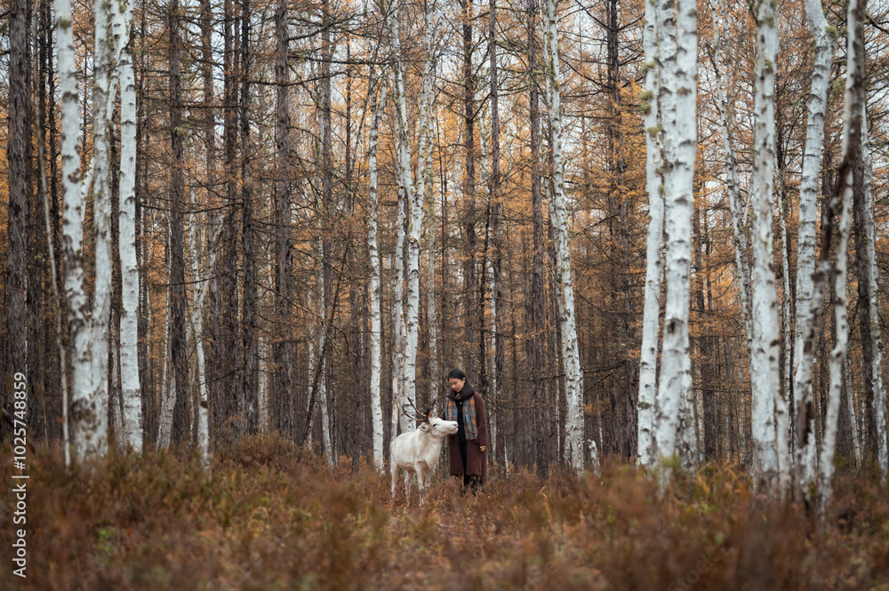 In the woods with reindeer and women. In the woods with reindeer and women.