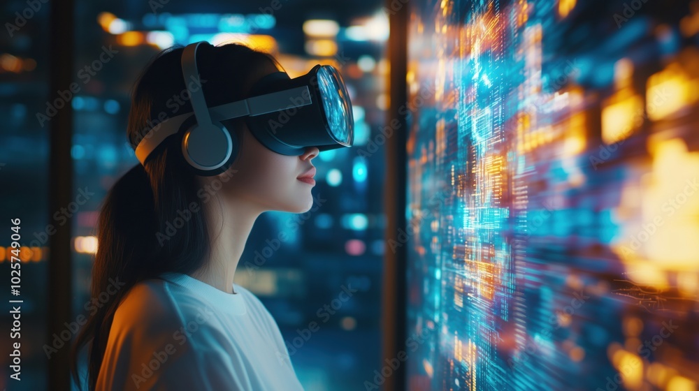 Virtual reality experience with woman wearing VR headset, digital interface background Virtual reality experience with woman wearing VR headset, digital interface background