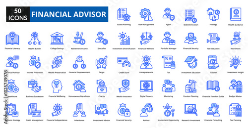 Financial Advisor blue icon collection set. Includes meeting, office, financial, business, finance, talking, client, company, planning, consulting, investment, conversation

