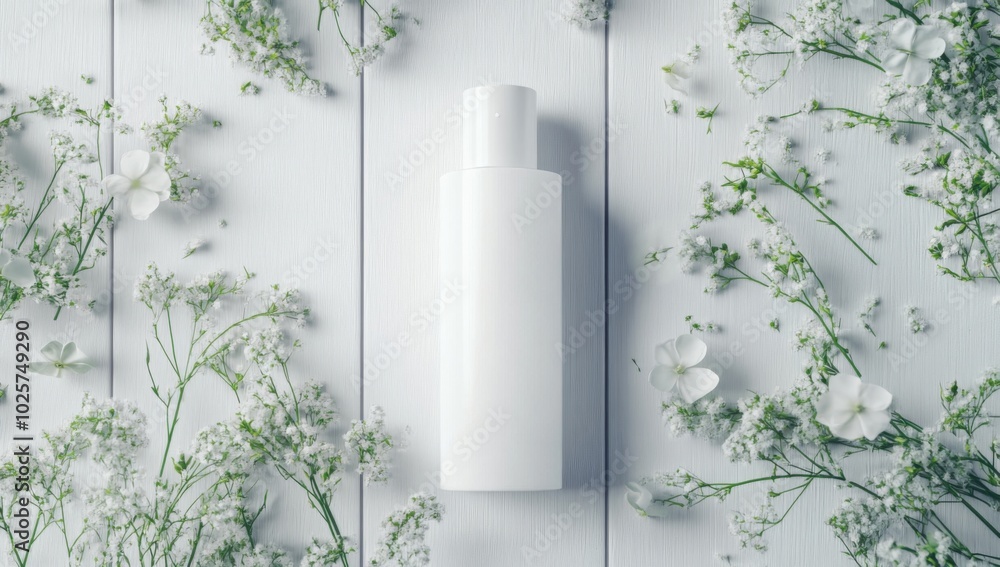 white cosmetic bottle mockup placed on light grey wooden background with flowers white cosmetic bottle mockup placed on light grey wooden background with flowers