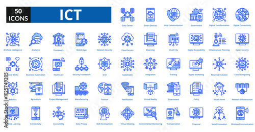 Information and Communication of Technology (ICT) blue icon collection set. Includes technology, communication, information, network, business, internet, digital, connection, system
