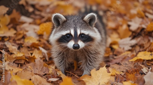 A charming photograph of a young raccoon curiously exploring a forest floor covered in fallen leaves. The raccoon distinctive markings and playful demeanor are highlighted against the rich textures