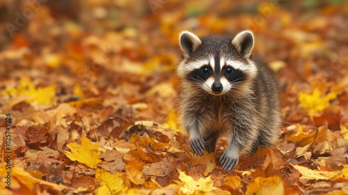 A charming photograph of a young raccoon curiously exploring a forest floor covered in fallen leaves. The raccoon distinctive markings and playful demeanor are highlighted against the rich textures