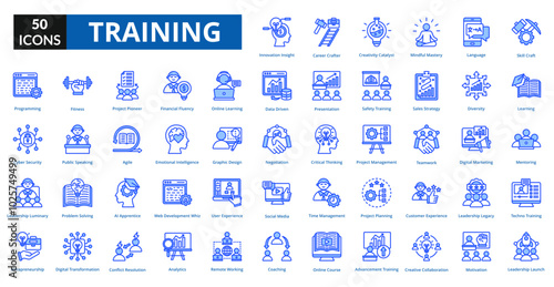 Training blue icon collection set. Includes teaching, practice, planning, improvement, preparation, treatment, instruction, development, exercise, briefing, education
