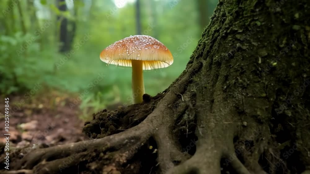 mushrooms grow around the roots of trees, zoom in. 4K quality mushrooms grow around the roots of trees, zoom in. 4K quality