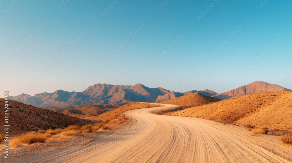 A winding dirt road leads through a desolate desert landscape, with a range of mountains in the distance, under a clear blue sky. A winding dirt road leads through a desolate desert landscape, with a range of mountains in the distance, under a clear blue sky.
