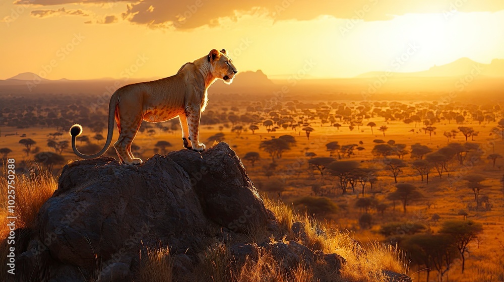 A dramatic shot of a powerful lioness standing atop a rocky outcrop, surveying the African plains below. The lioness’s intense gaze and the expansive, golden landscape create a striking and majestic A dramatic shot of a powerful lioness standing atop a rocky outcrop, surveying the African plains below. The lioness’s intense gaze and the expansive, golden landscape create a striking and majestic