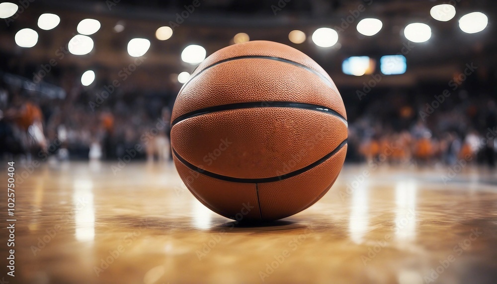 Close-up of a basketball on a polished court floor, highlighting its texture. Close-up of a basketball on a polished court floor, highlighting its texture.