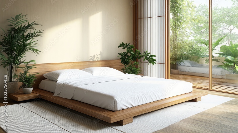 A serene Japandi bedroom showcasing low-profile wooden bed frames with crisp white linens A serene Japandi bedroom showcasing low-profile wooden bed frames with crisp white linens