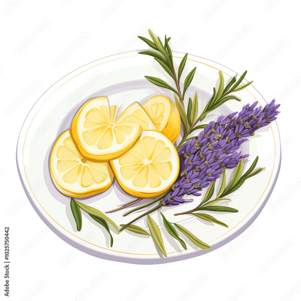 Fresh Lemon Slices With Lavender And Rosemary On A White Plate Fresh Lemon Slices With Lavender And Rosemary On A White Plate