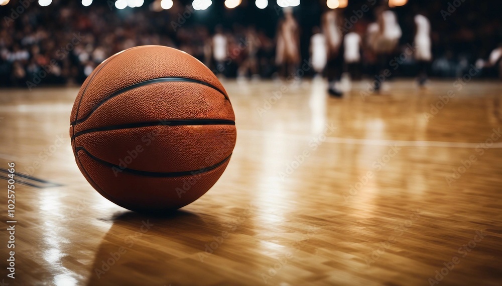 Close-up of a basketball on a polished court floor, highlighting its texture. Close-up of a basketball on a polished court floor, highlighting its texture.