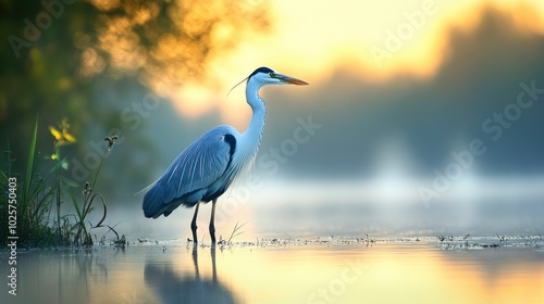 A serene photograph of a solitary heron standing still in a misty wetland at dawn. The heronâ€™s graceful form and the soft, early morning light create a tranquil and contemplative atmosphere. photo