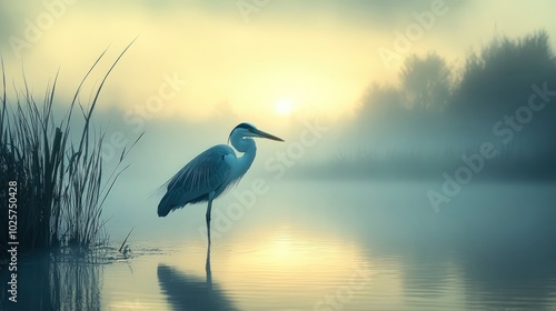 A serene photograph of a solitary heron standing still in a misty wetland at dawn. The heronâ€™s graceful form and the soft, early morning light create a tranquil and contemplative atmosphere. photo