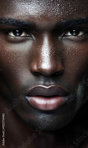 Closeup portrait of a man with sweat on his face.