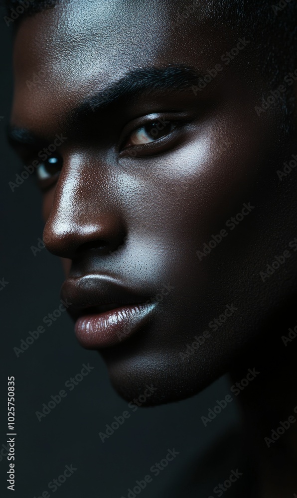 Close-up of a man's face with shiny skin. Close-up of a man's face with shiny skin.