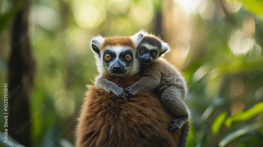 Obraz premium A charming photograph of a young lemur clinging to its mother back in a lush Madagascan forest. The lemurâ€™s playful behavior and the rich, green foliage create a heartwarming and endearing scene.