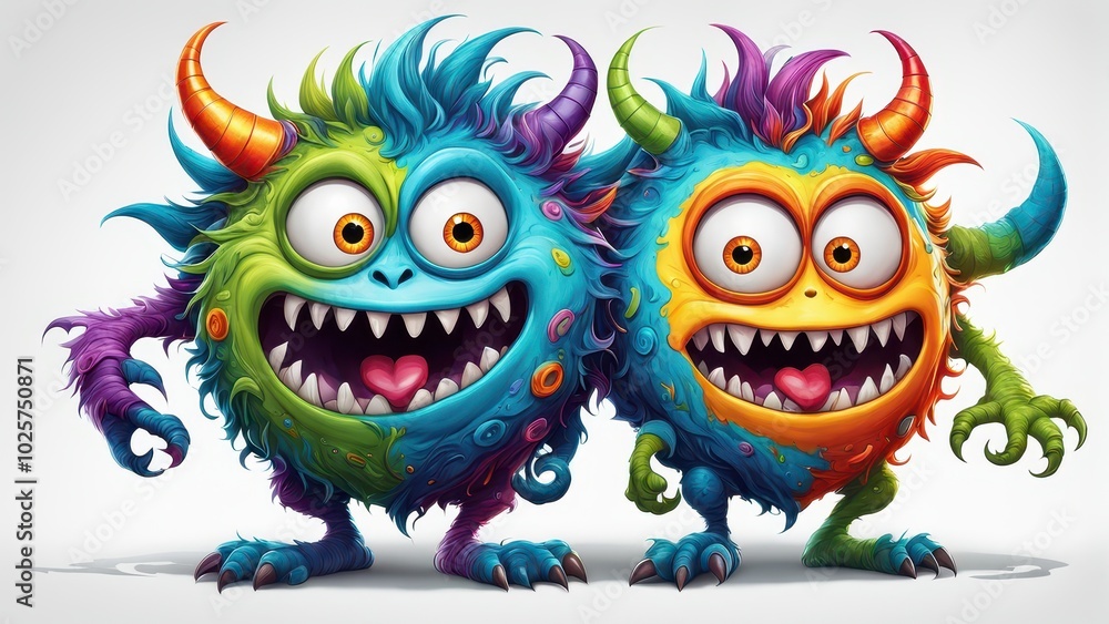 Two colorful, cartoonish monsters with playful expressions and vibrant fur. Two colorful, cartoonish monsters with playful expressions and vibrant fur.
