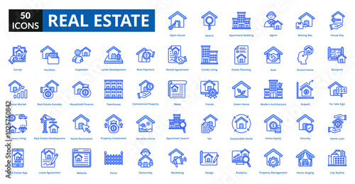 real estate blue icon set collection. house key, blueprint, for Sale Sign, home loan, city skyline, open house, search, apartment building, agent, moving box, survey
