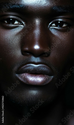 Close-up of a person's face with glistening skin.