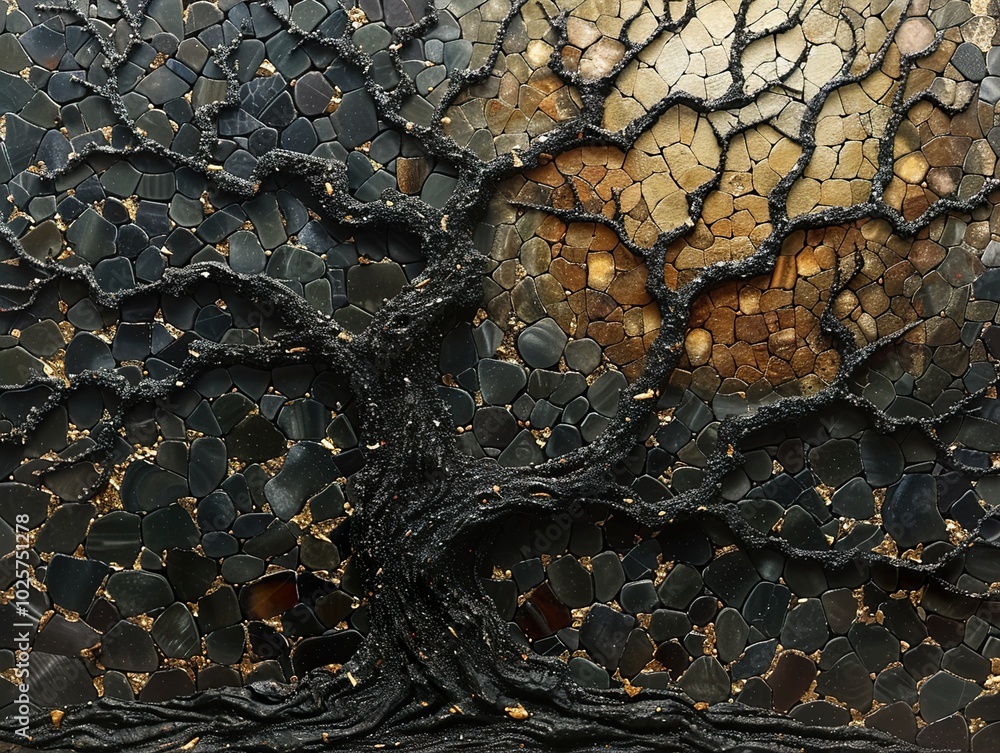 Black Tree Mosaic with Gold Leaf: Abstract Nature Art Black Tree Mosaic with Gold Leaf: Abstract Nature Art