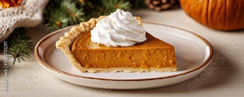 Classic Thanksgiving dessert featuring a slice of pumpkin pie topped with fluffy whipped cream, set in a cozy holiday setting, festive meal concept