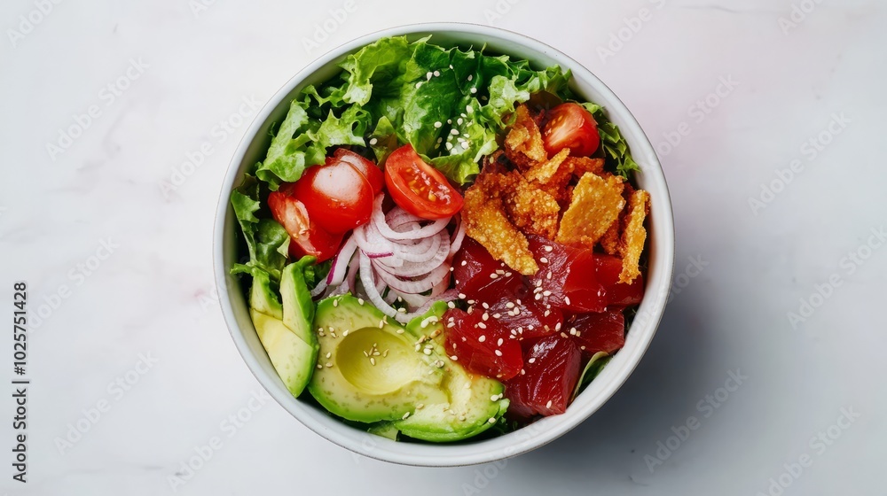A bowl of poke with tuna, avocado, tomatoes, red onion, lettuce, and crispy wonton strips. A bowl of poke with tuna, avocado, tomatoes, red onion, lettuce, and crispy wonton strips.